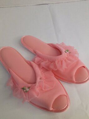 Vintage Dot And Peg Slippers Women M 6.5 7.5 Frilly Tulle Lace House Shoes Pink